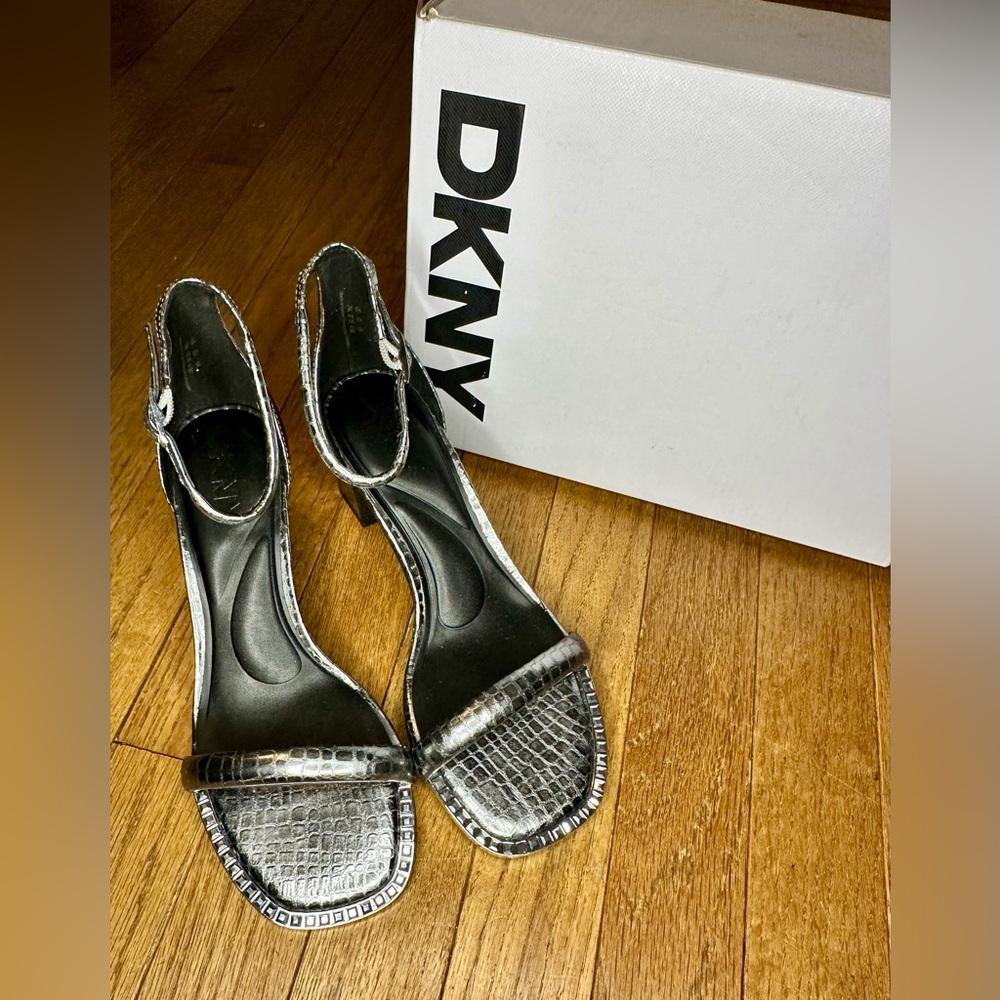 DKNY Shiny Silver Heeled Sandals
